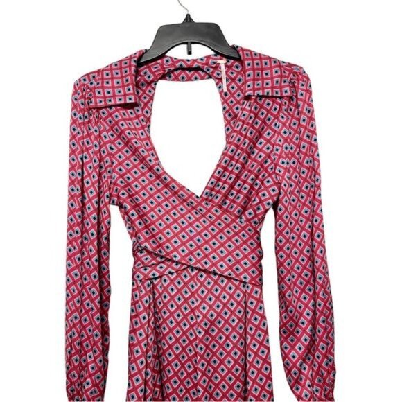 New Free People Long-Sleeve Wrap Dress Open Back & Tie Detail in Red Geometric S - Picture 7 of 11